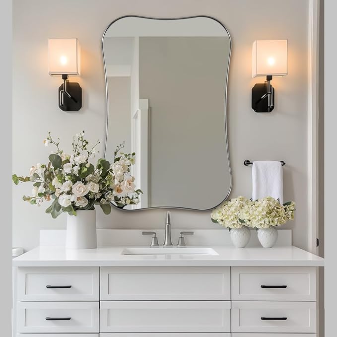 ANDY STAR Chrome Mirrors, Contempoary 24x36 Inch Scalloped Asymmetrical Bathroom Mirrors with Notched Edges in 1 Inch Stainless Steel Frame Wall Mounted Horizontal/Vertical for Home Decor