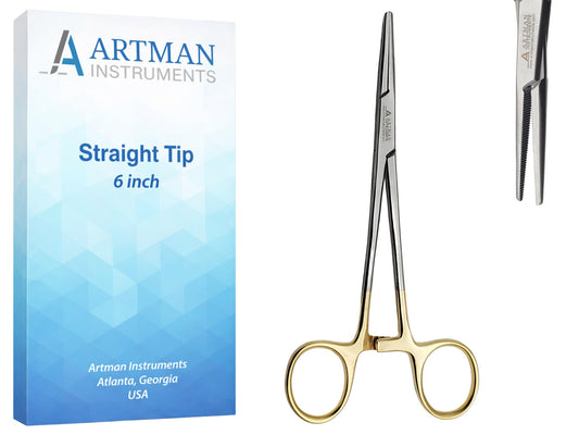 ARTMAN INSTRUMENTS Artery Forceps 6" Straight Hemostat Mosquitoes, Gold Plated Handle, Locking Tweezer Clamps, for Nurses, Fishing Forceps, Fly Tying, Crafts Kelly Forceps Clamps