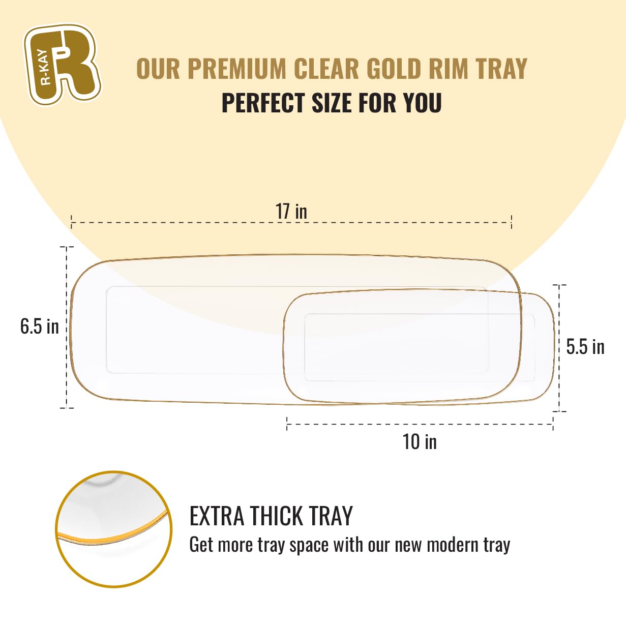 R-kay 4 Pack Plastic Serving Trays For Party - Gold Serving Tray 17 by 6.5 Inch - Heavy Duty Clear Trays For Food - Long Party Serving Trays For Entertaining - Clear Platters