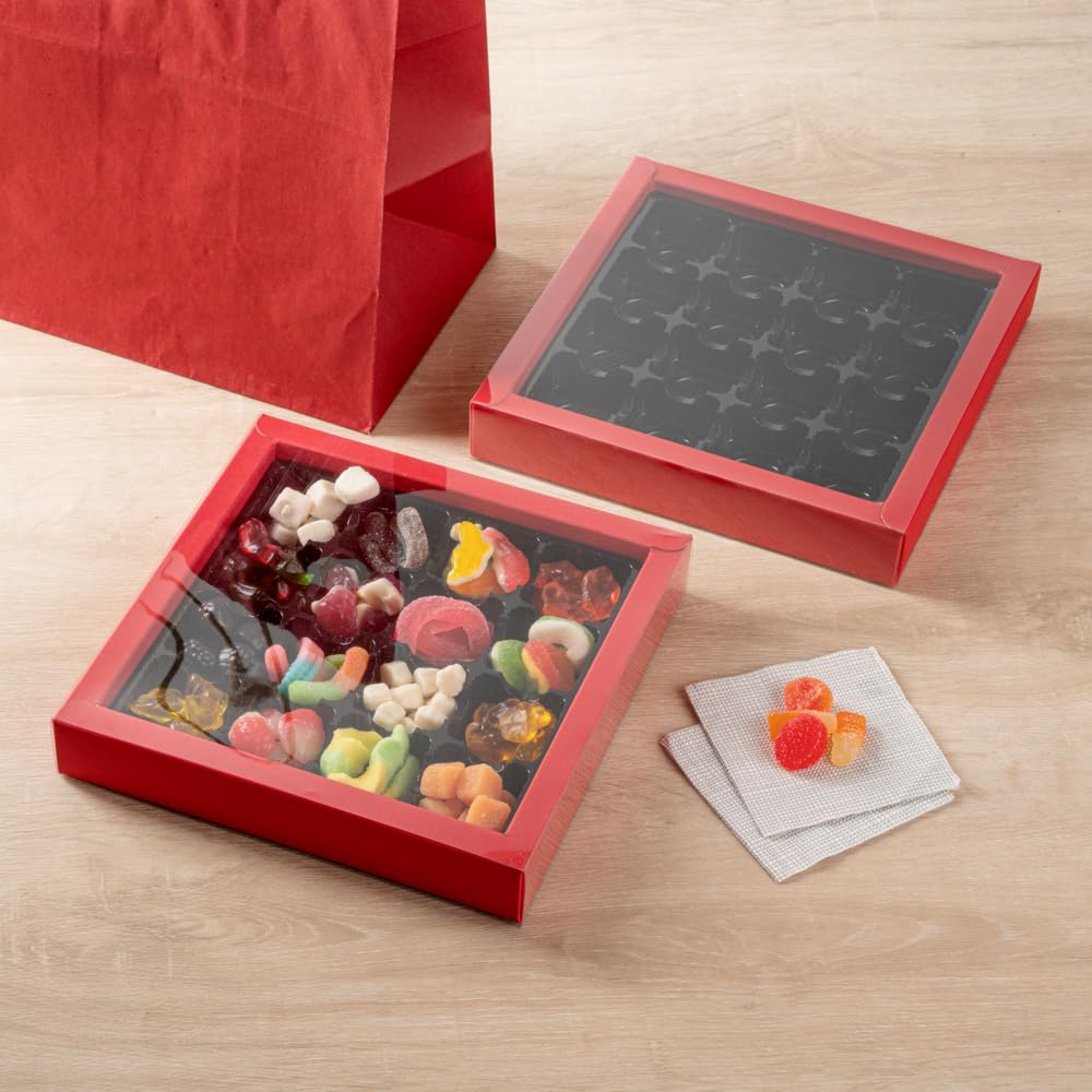 Restaurantware Sweet Vision 9.1 x 9.1 x 1.6 Inch Square Candy Boxes 10 Disposable Bakery Gift Boxes - 16 Compartments With Slidable Clear Lids Red Paper Boxes For Chocolate And Treats