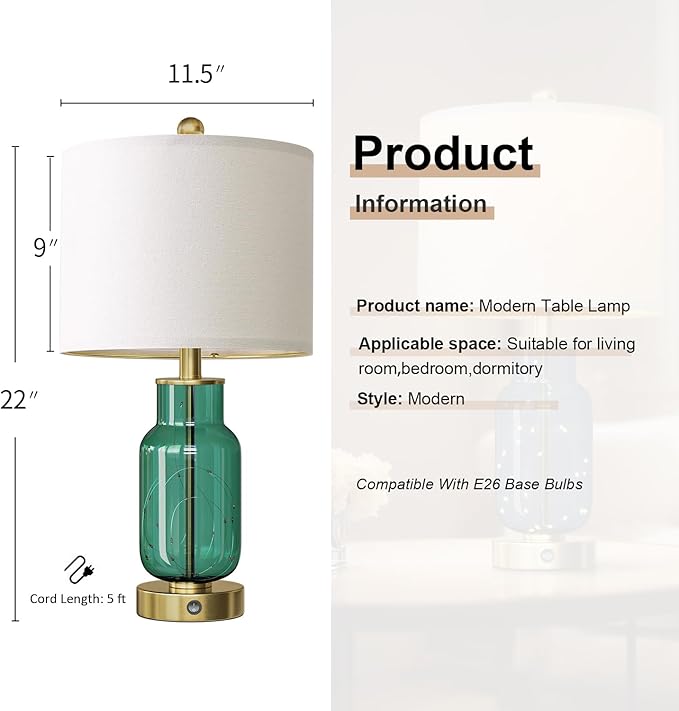Oneach 22" Glass Table Lamps Set of 2, Green Modern Bedside Lamp with LED Night Light for Living Room, Nightstand Lamp with USB Ports for Bedrooms, Study Room, End Table(2 Bulbs Included)