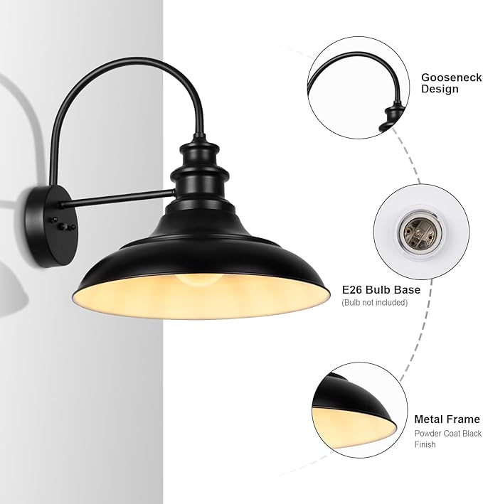 Dusk to Dawn Sensor Outdoor Barn Light Fixture, 16 Inch Dome Farmhouse Outdoor Wall Sconce, Rustic Gooseneck Exterior Wall Mount Light, Industrial Black White Wall Lantern for Porch, 1 Pack