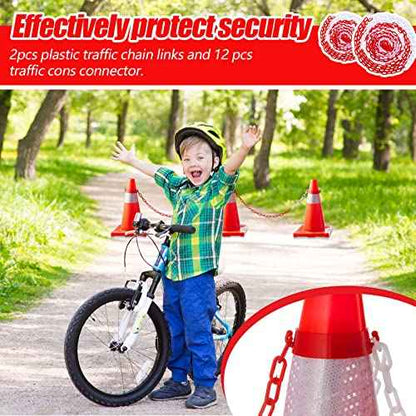 64 Feet Plastic Traffic Chain Cone Chain Safety Barriers Link with 12 Pieces Traffic Cones Connector Kits for Parking Barrier Poles Constructions Home Road Driveway Parking Use, Red White