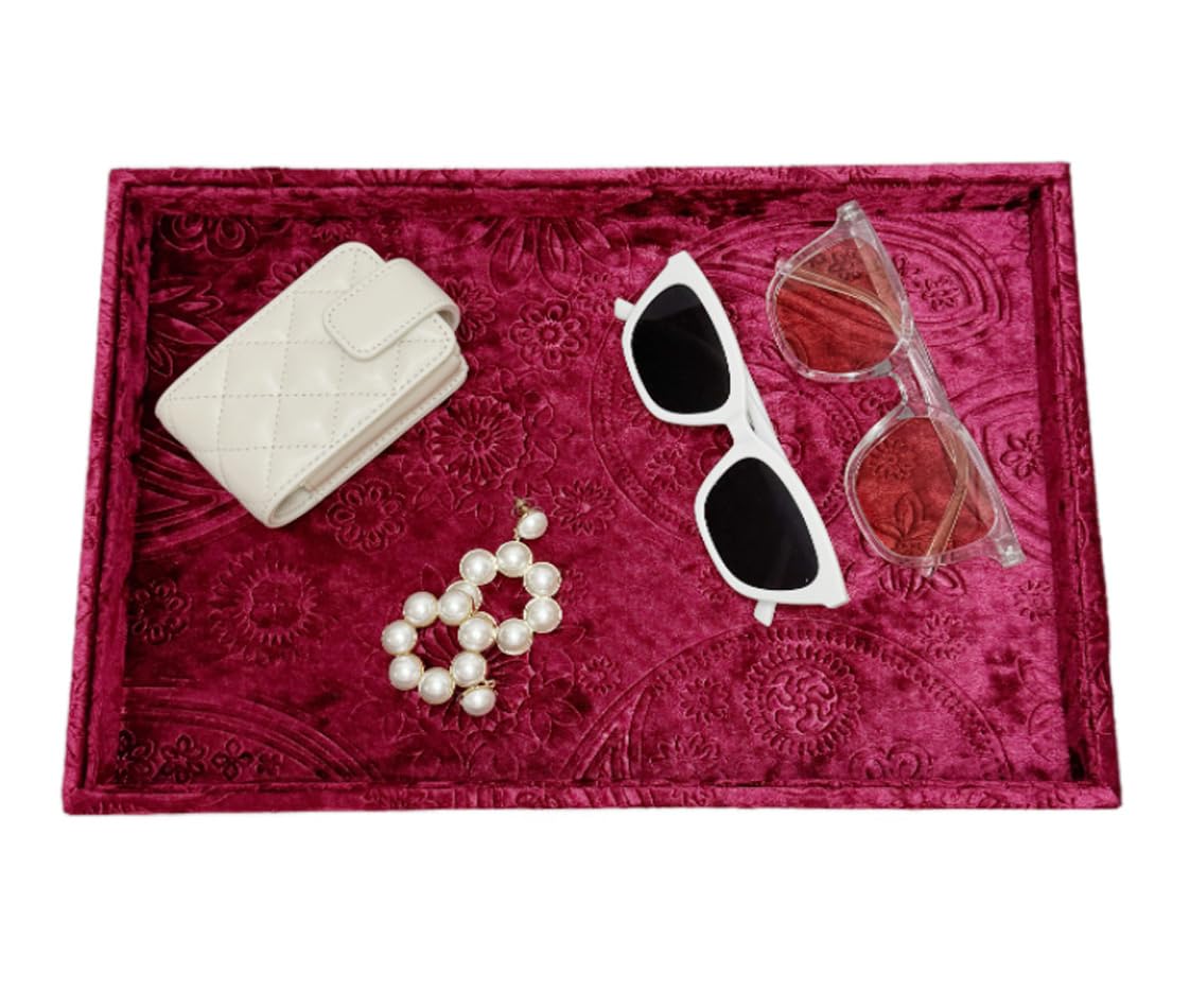 AgentMoon Luxurious Decorative Jewelry Tray,Commodity Display Board,Bedside Storage Tray for Eyeglasses Phone Watch Bracelet Earring Keys.Luxury Extra Velour (Embossed Red)