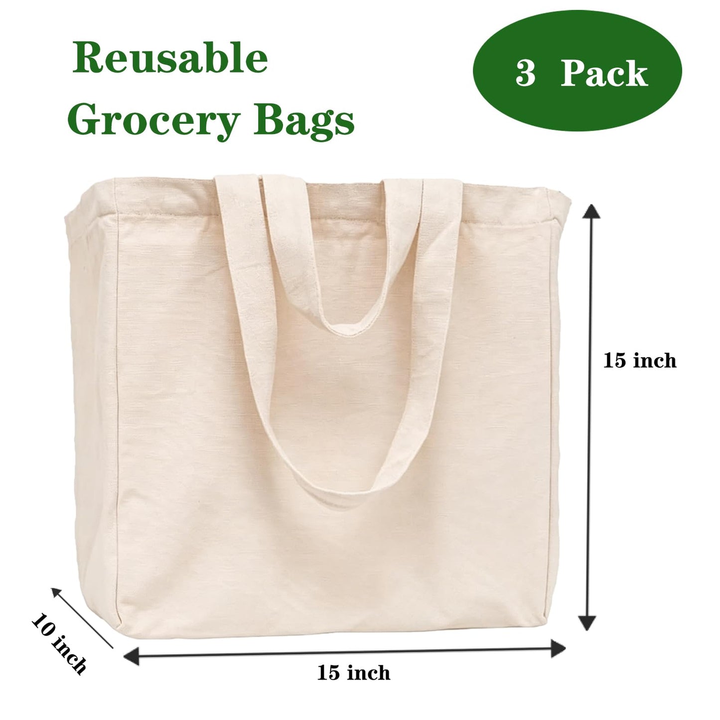 Umicclist Canvas Grocery Tote Bag, 3PCs Reusable Extra Large Shopping Bag with Long Shoulder and Handle Straps, 6 Inner Pockets, 15x15x10 Inch, Foldable Washable Bag for Picnic