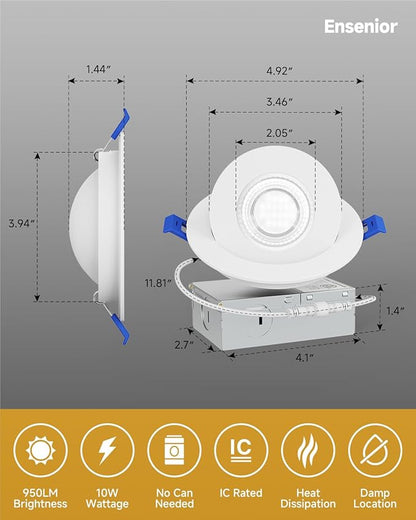 Ensenior 6 Pack 4 inch 5CCT LED Gimbal Led Recessed Light with Junction Box, 360°+90° Adjustable Directional Eyeball Lighting, Dimmable, 2700K/3000K/3500K/4000K/5000K, 950LM, 10W=85W-ETL&FCC