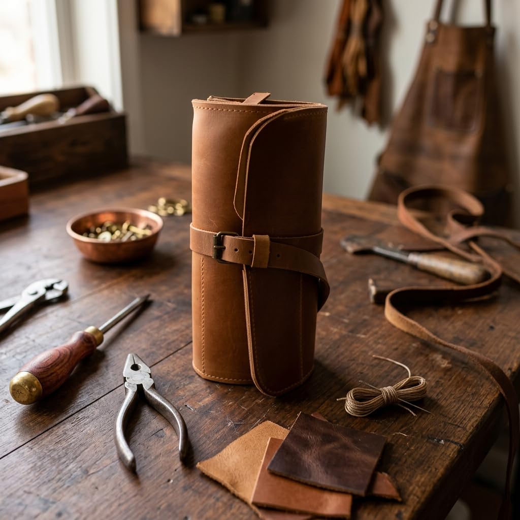 TORAKIP Genuine Leather Tool Roll – Compact Roll-Up Tool Organizer with Multiple Pockets for Wrenches, Screwdrivers & Pliers – Portable Leather Tool Storage Case, Warm Brown (Tools Not Included)