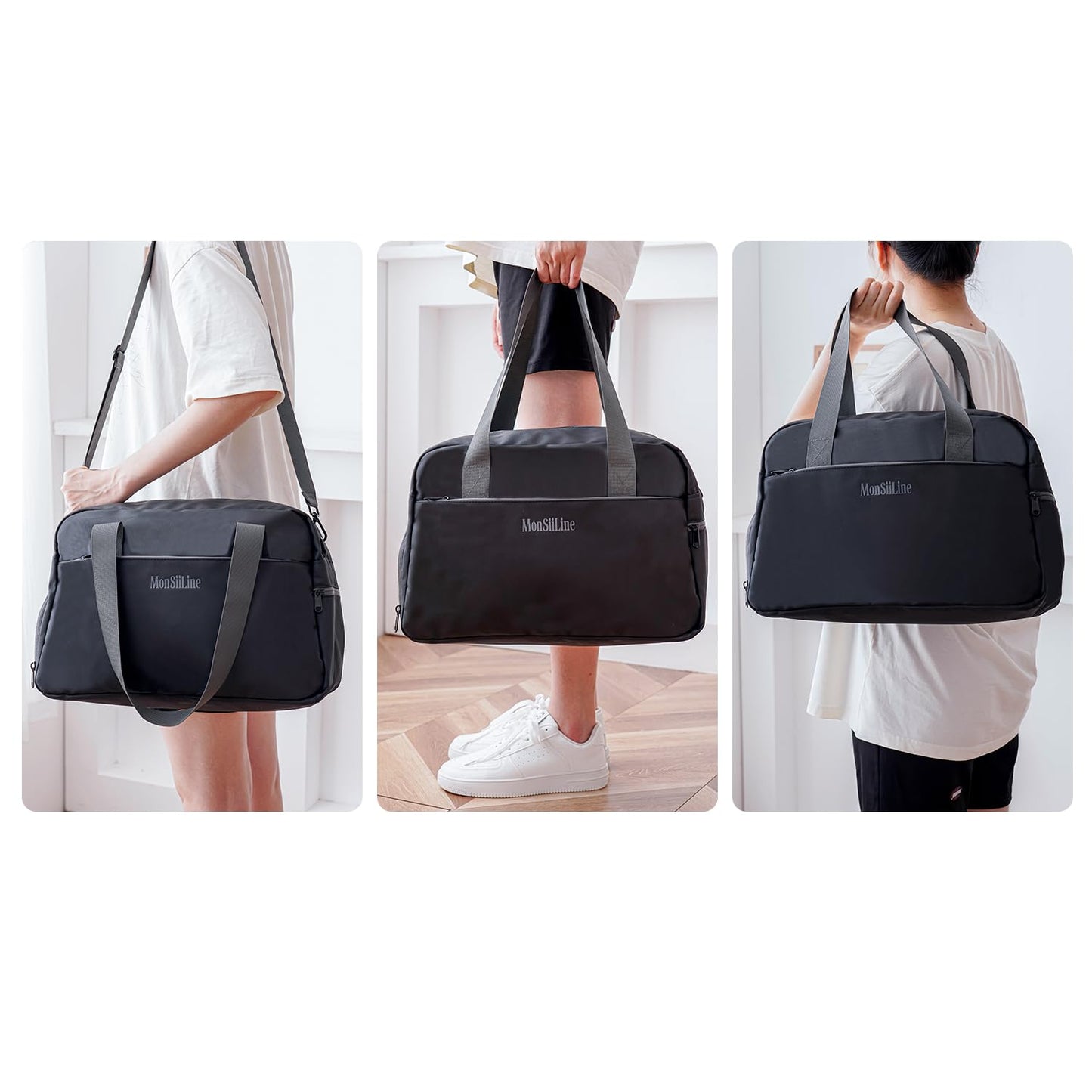 MonSiiLine Gym Bag for Women Men with Shoe Compartment, Waterproof Small Duffle Bag for Travel, Sports, Weekend Lightweight Carry on Tote Bag, Black, 27L