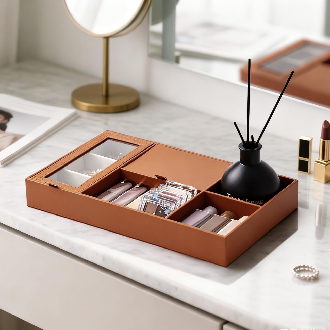 DAJYAWON PU Leather Valet Tray & Nightstand Jewelry Organizer - Multifunctional Catchall Dresser Top Box with Dust-Proof Flip Lid, Ring/Earring Compartments & Open Slots for EDC, Wallet, Keys, Watch