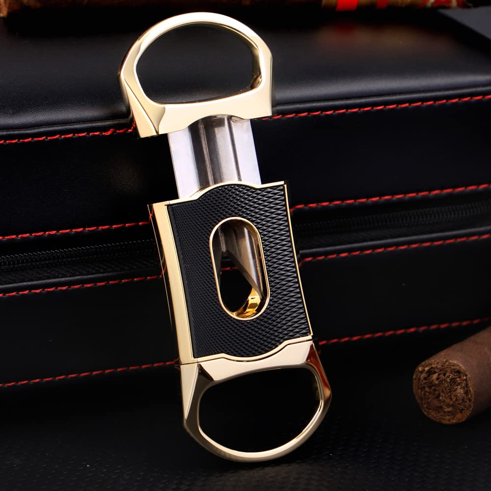 KEENSUN Zinc Alloy V-Cut Cigar Cutter (Gold and Black CNC Engraved Diamond Finish), 60 Ring Gauge, Stainless Steel Cut Blade with Leather Case, Cigar Holder and Gift Box