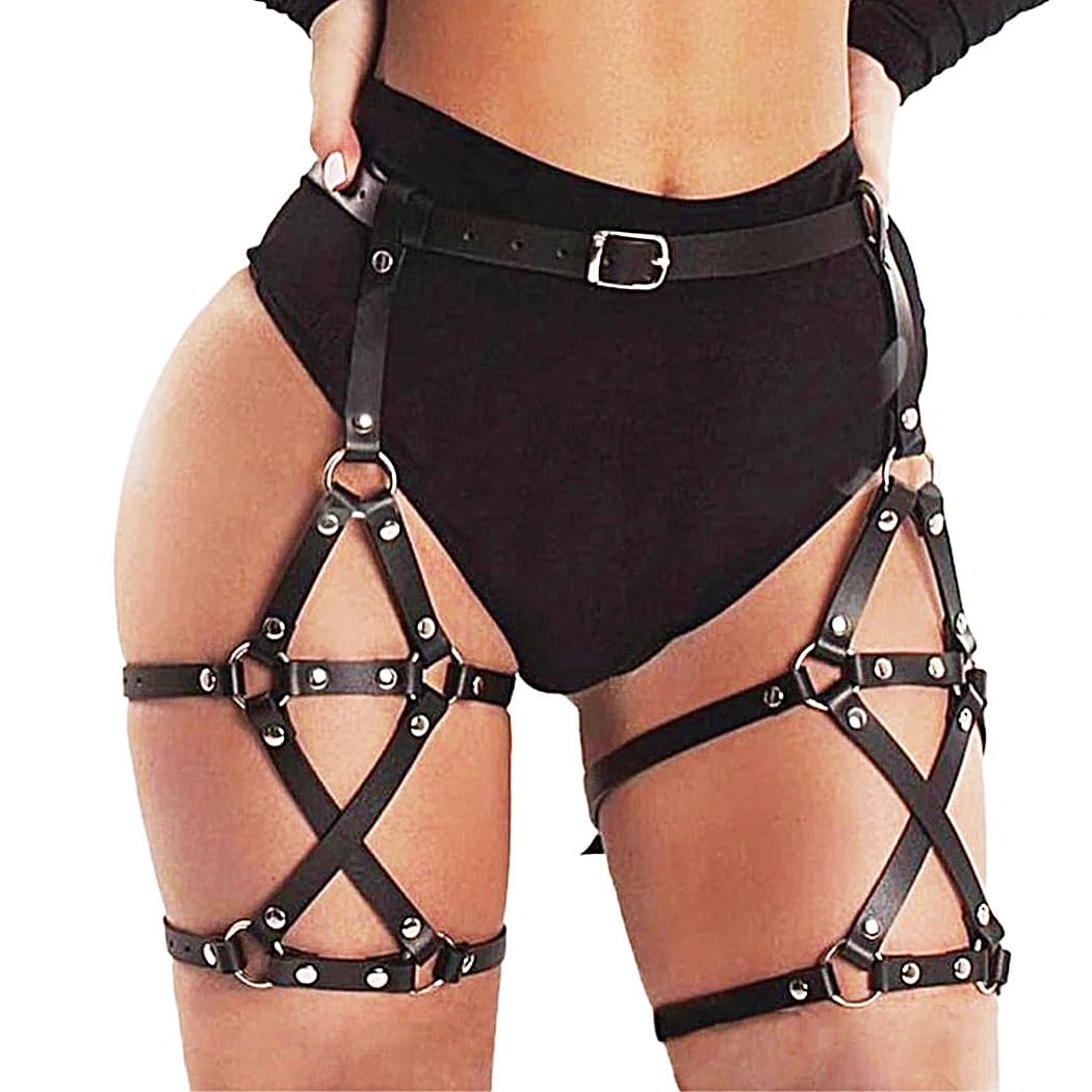 REETAN Leather Thigh Harness Black Rave Fashion Leg Garter Belt for Women