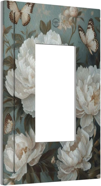 Decorative Art Light Switch Covers Butterflies & Peonies 1 Gang Rocker Outlet Decorative Switch plate Faceplate GFCI Light Switch Covers for Home Decor