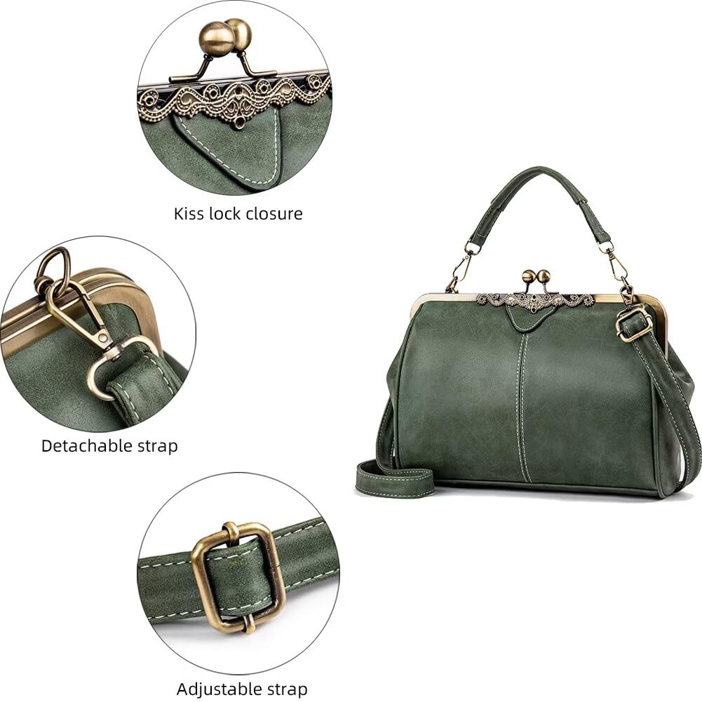 EDIWER Handbag for Women Leather Shoulder Bag Kiss Lock Top Handle Satchel Purse Vintage Crossbody Bag Evening Clutch Purses