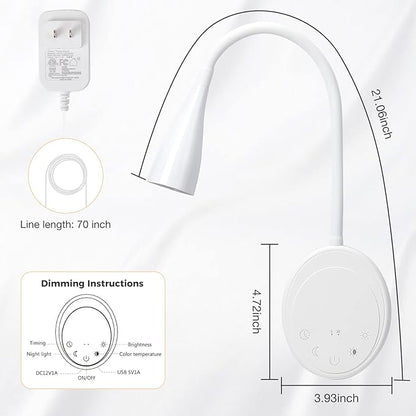 LED Wall Mount Reading Light, Bedside Reading Lights with Touch Control, 5 Dimmable, USB Output, Night Light & Timers, Flexible Gooseneck Headboard Bed Lights Wall Sconce (White-2P)