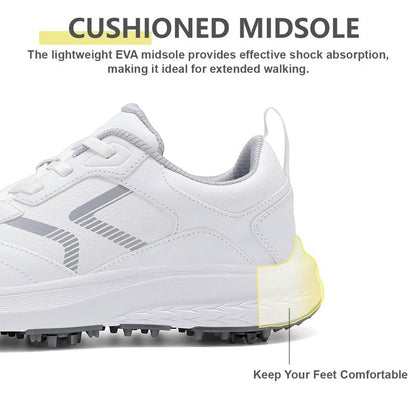 DARIBOM Mens Golf Shoes Spiked Non Slip Waterproof Golf Sneakers with Leather Upper Size 10.5(White)