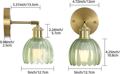 Vintage Battery Operated Wireless Wall Sconces, Rechargeable Gold Wall Lights，Green Tulip Glass Lampshad With Remote Dimmable Wall Lighting Indoor, Led Wall Lamp Fixtures For Bedroom, Living Room