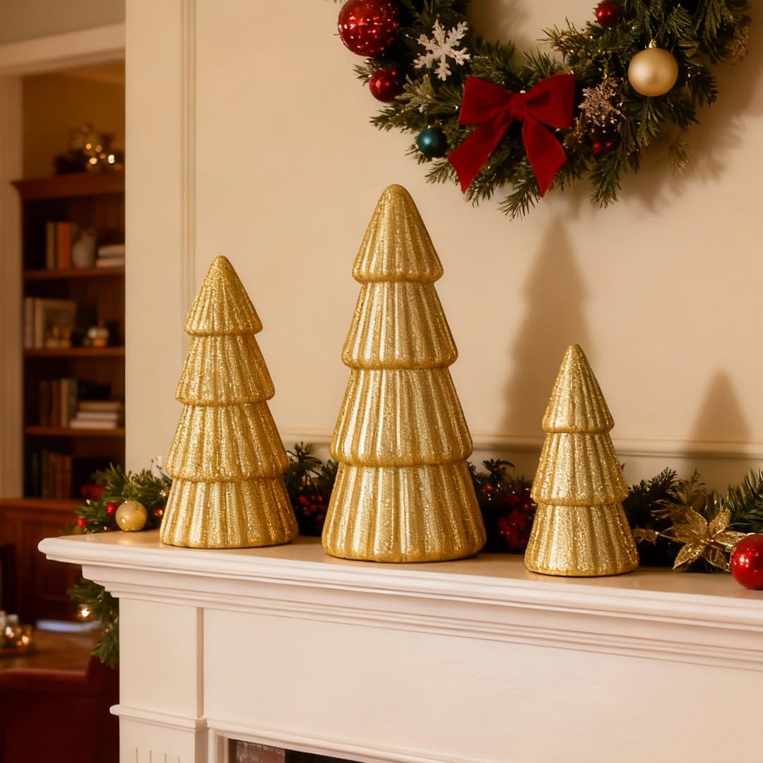 Joyhalo Tabletop Christmas Trees, Set of 3 Frosted Christmas Trees Indoor Xmas Decoration Centerpieces for Table, Mantel, Holiday, Party and Home Decor, Gold