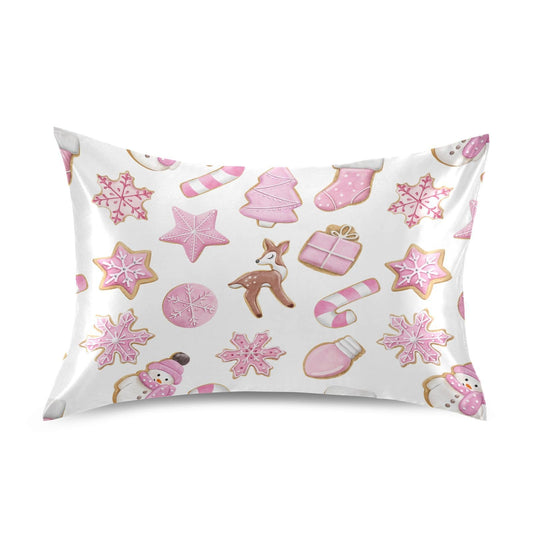 Dalzium Christmas Satin Pillowcase for Hair and Skin, Pink Gingerbread Cookies Silk Pillow Case Soft and Cozy Body Pillow Covers Standard Size with Envelope Closure