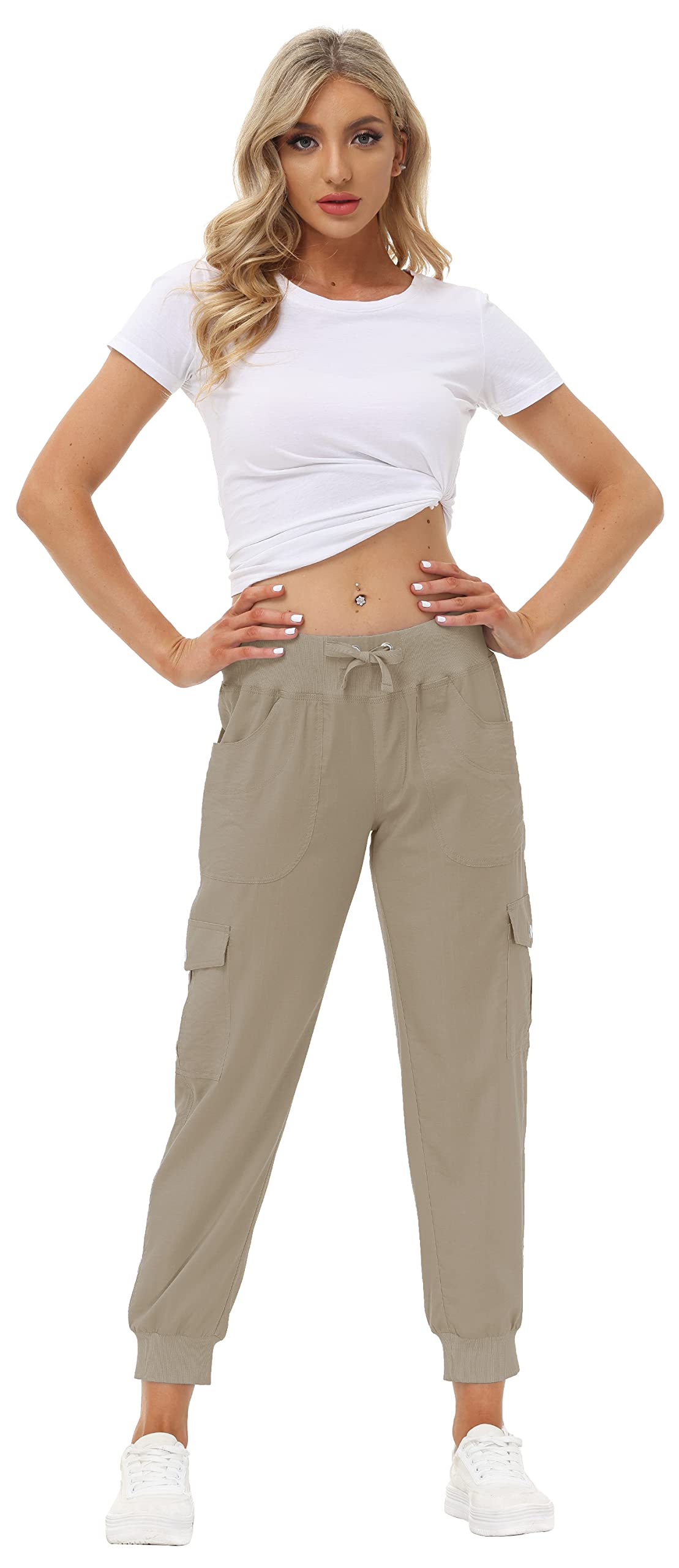 MoFiz Women's Cargo Pants Hiking Joggers Summer Lightweight Quick Dry Athletic Outdoor Sports Sweatpants Travel Casual Button Pockets Khaki L