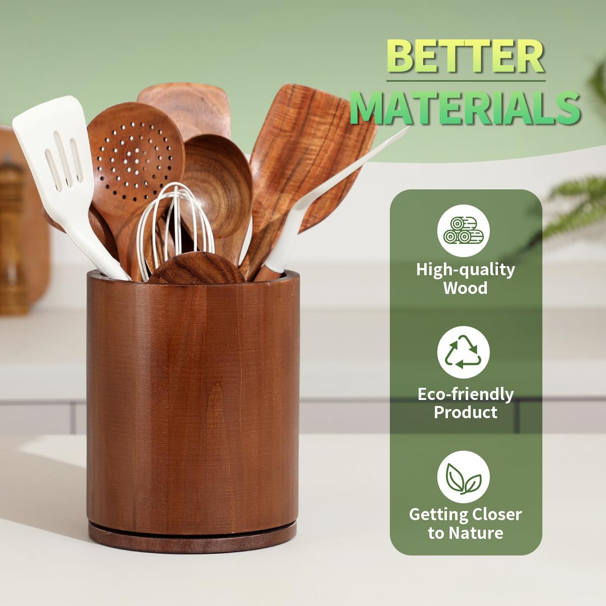gorsent Wooden Utensil Holder, 360°Rotating 7.3'' Large Utensil Holder for Kitchen Counter, Kitchen Utensil Organizer, Utensil Crock, Farmhouse Kitchens Countertop Decor, Walnut-finish
