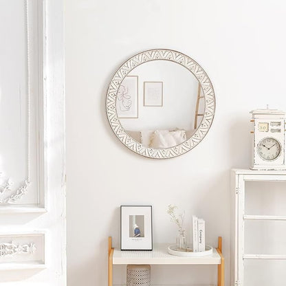 30" Round Wall Mirror, Farmhouse Wooden Frame Circle Mirrors, Rustic Large Decorative Wall Mounted Bathroom Mirror Distressed Hanging Mirrors for Living Room, Bedroom, Entryway, Fireplace, Hall