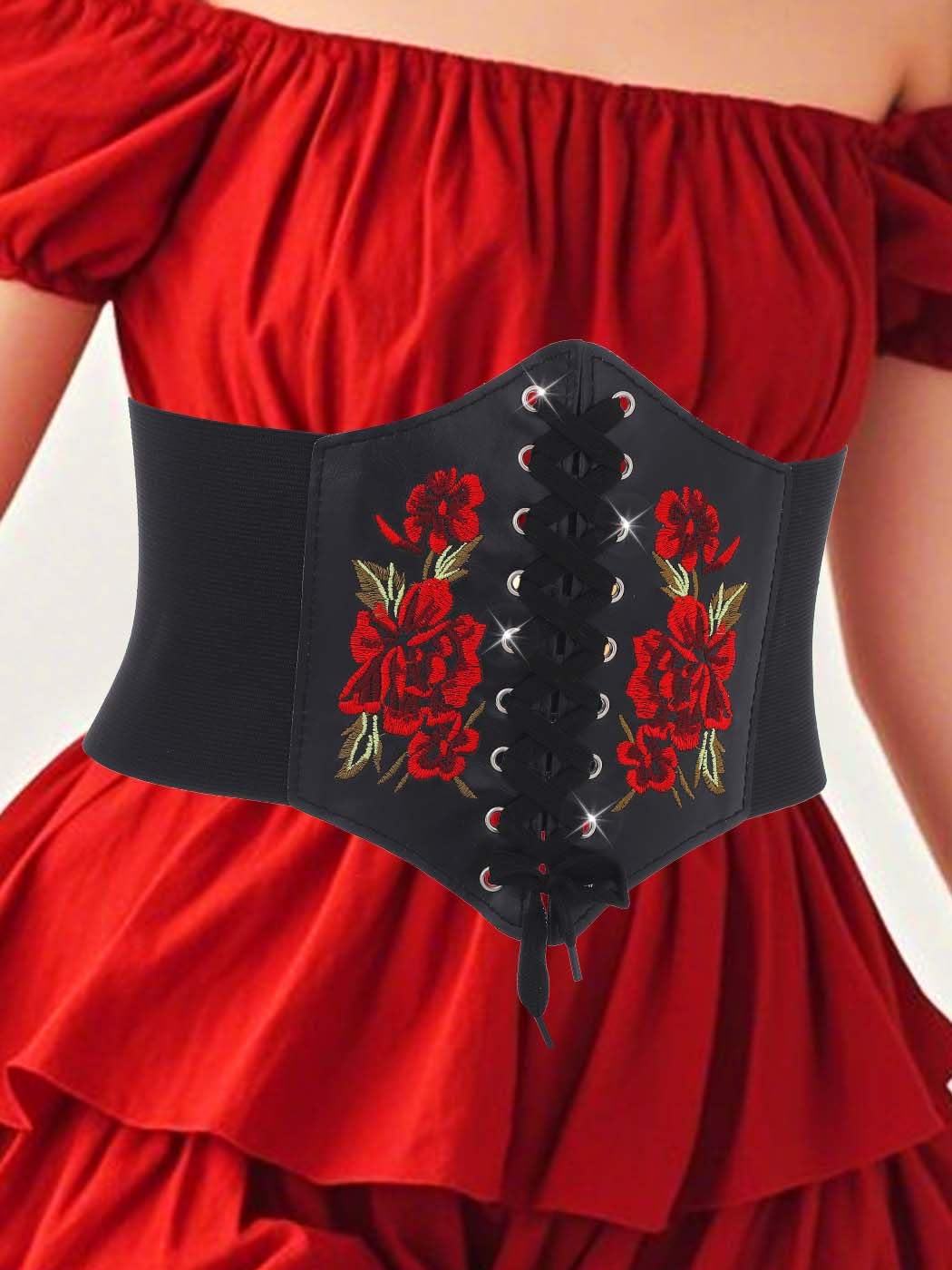 Urieo Embroidered Rose Corset Belt Black Lace-up Waist Cincher Belt Renaissance Underbust Halloween Dresses Wide Elastic Waspie Belts for Women