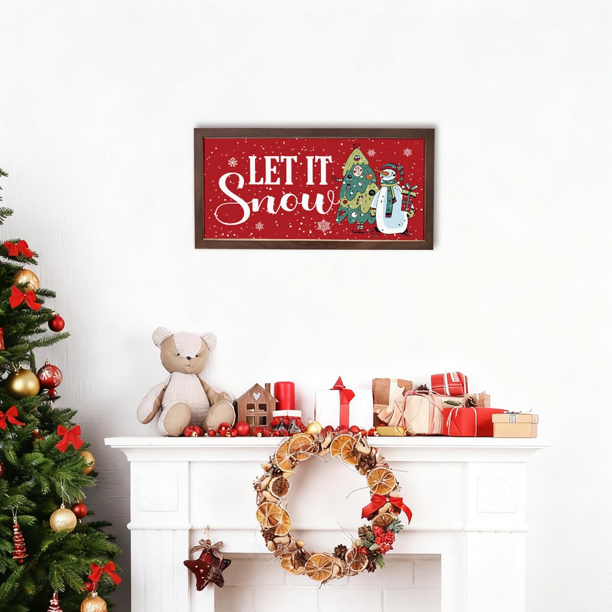 Let It Snow Sign, Snowflakes Decor, Christmas Vibe Wall Decoration, Snowman Christmas Trees Decors, Winter Home Decor, Living Room Decors, Rustic Framed Wooden Plaque 15×7.5×0.3 inches