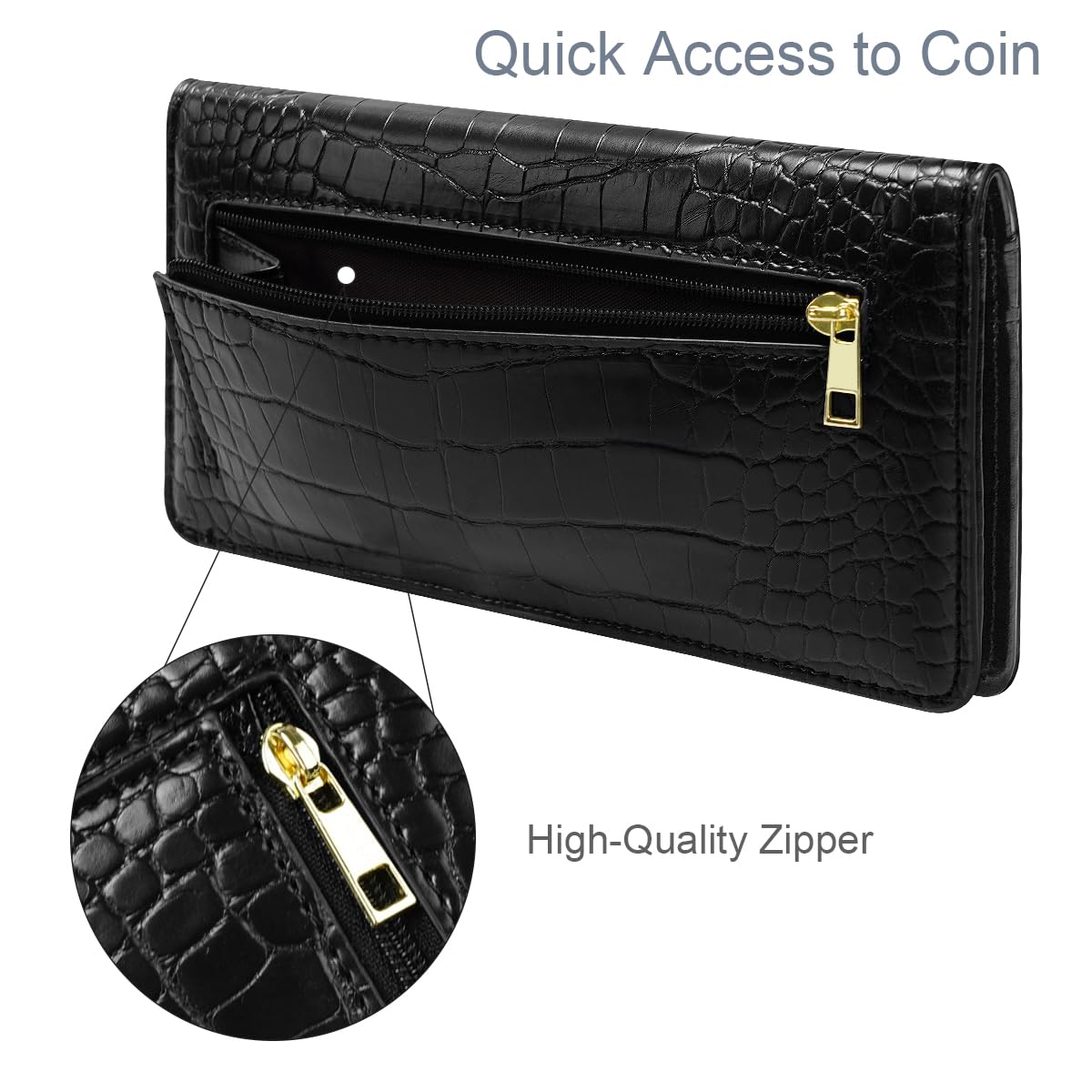 Simikol Wallet Women Bifold Faux Crocodile Leather Minimalist Slim Thin Long Wallets RFID Blocking Credit Cards Holder Purse with Back Zipper Coin Pocket for Women and Men,Black