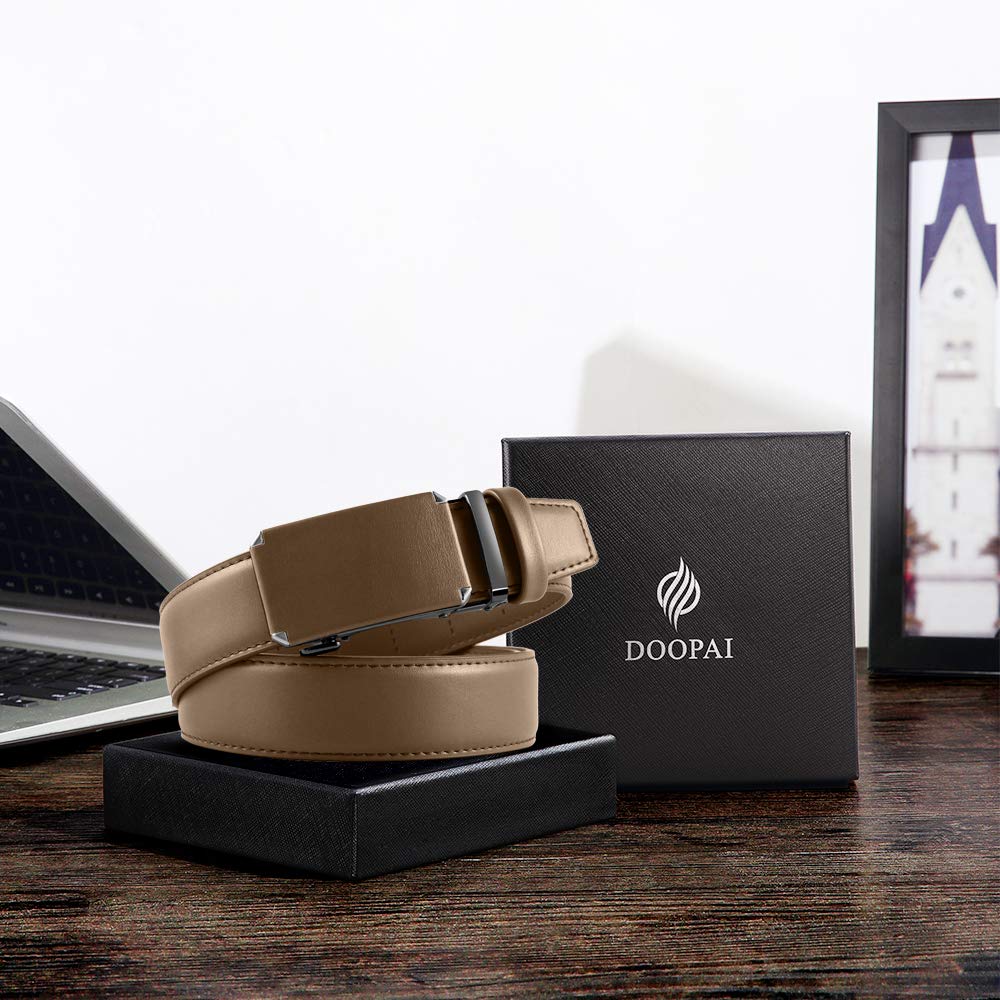 DOOPAI Men's Leather Ratchet Belt, Adjustable Belt in khaki with Sliding Length 28-36", Metal Buckle Cut to fit in the Gift BoX