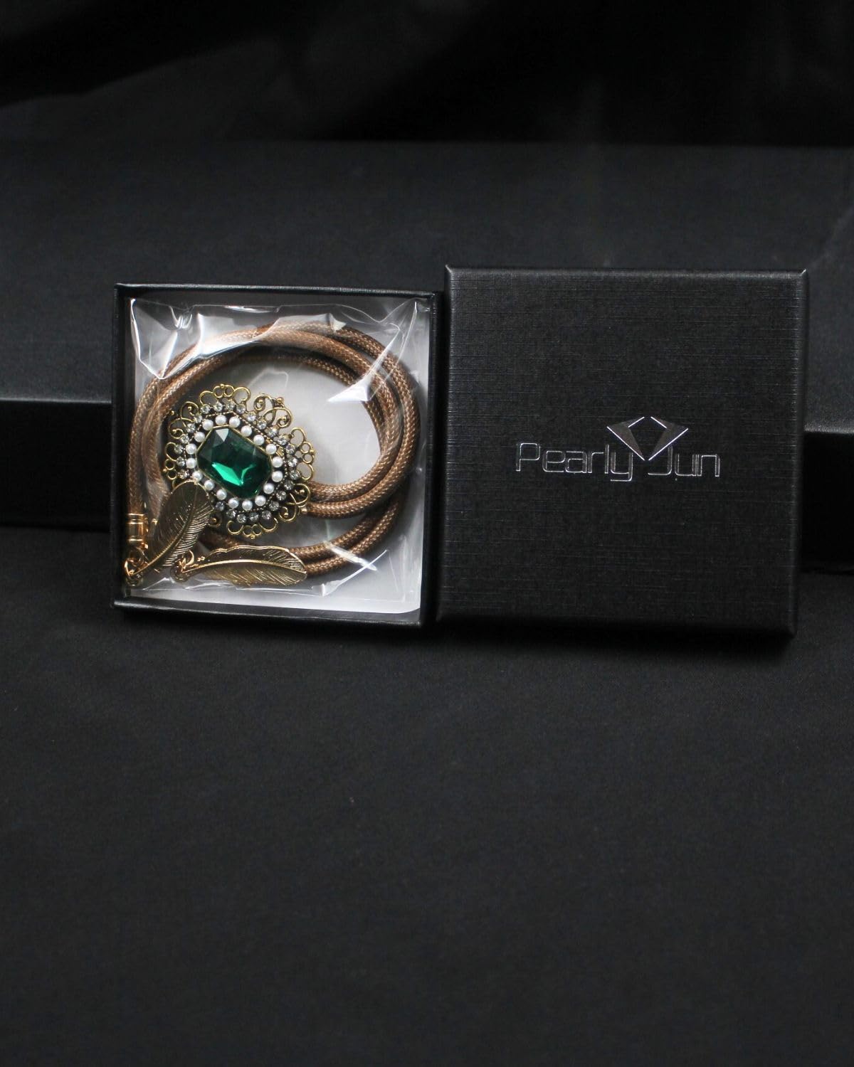 PEARLY JUN Bolo Tie for Men Women Rhinestone Emerald Gold Cowboy Brown Country Style Handmade Leather String Rodeo Festive Days Gifts