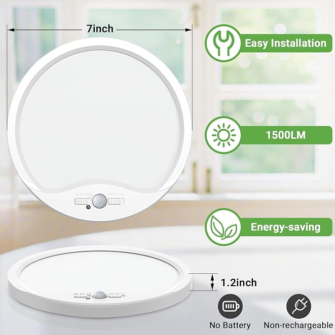 zemty 7inch 15W Motion Sensor Ceiling Light Wired, 3 Sensing Modes Motion Activated Closet Lights White, 3000K/4000K/6500K Waterproof LED Ceiling Lamp for Pantry Closet Shower Hallway-4Pack