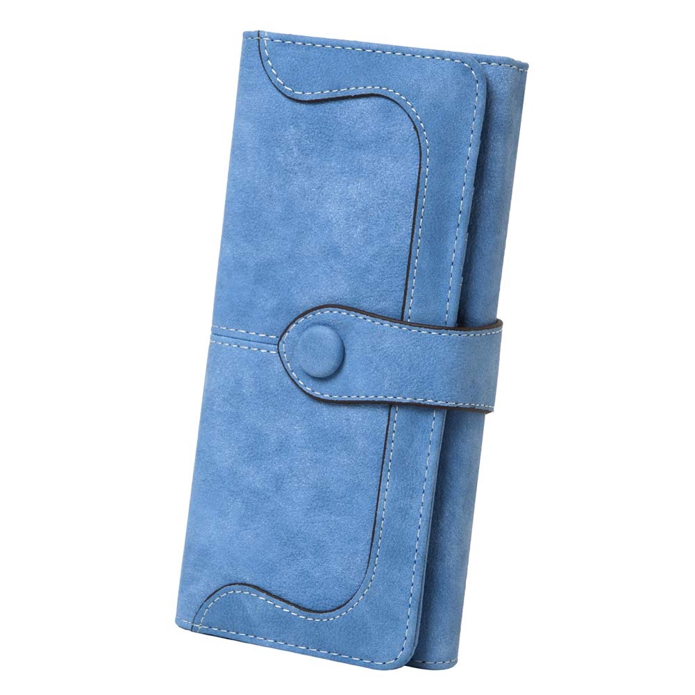 Cynure Women's Vegan Leather 17 Card Slots Card Holder Long Big Bifold Wallet,Light Blue