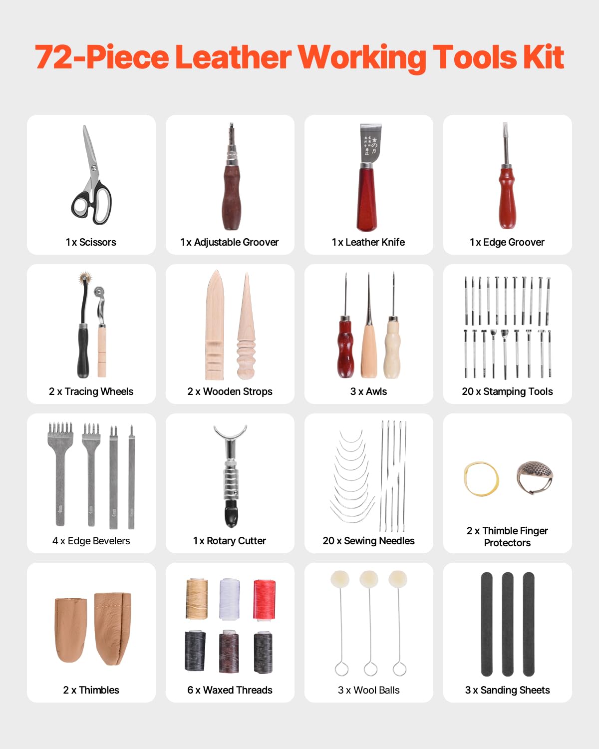 VEVOR Leather Working Tools Kit, 72 PCS with Portable Leather Storage Bag, Engraving Punching Sewing Stamping Sanding Tools, Ideal for Beginners DIY Enthusiasts and Professionals