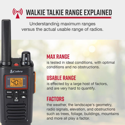 Cobra RX680 Walkie Talkies (2-Pack) - Rugged & Splashproof Two Way Radios Long Range, IP54 Water Resistant Design, 60 Pre-Programmed Channels, Weather Alerts, Included Charging Dock (Black/Orange)