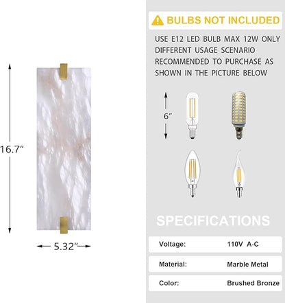 2 Pack 2 Light Square 16.7" Alabaster Marble Bathroom Wall Sconce Modern Concise Style Wall Light Fixture,Gold Finish for Bedroom Hallway Bedside