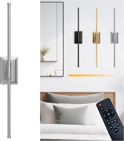 Battery Operated Wall Light Set of 1 - Silver Picture Wireless Led Plug In Walls Sconce Fixture Indoor - Art Decor Bathroom Sconces Rechargeable - Modern Bedroom Cordless Lights Fixtures with Remote