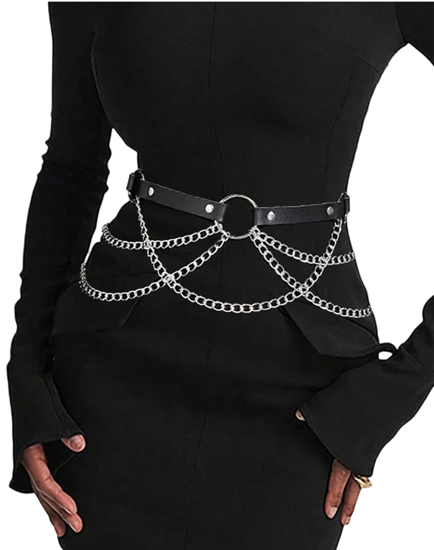 WARANDOD Black PU Leather Belt – Emo Punk Grunge Gothic Belt with Chains, Gothic Waist Belt, Goth Chain Belt, Punk Accessories for Women(Fit Waist 26.77-35.83in)