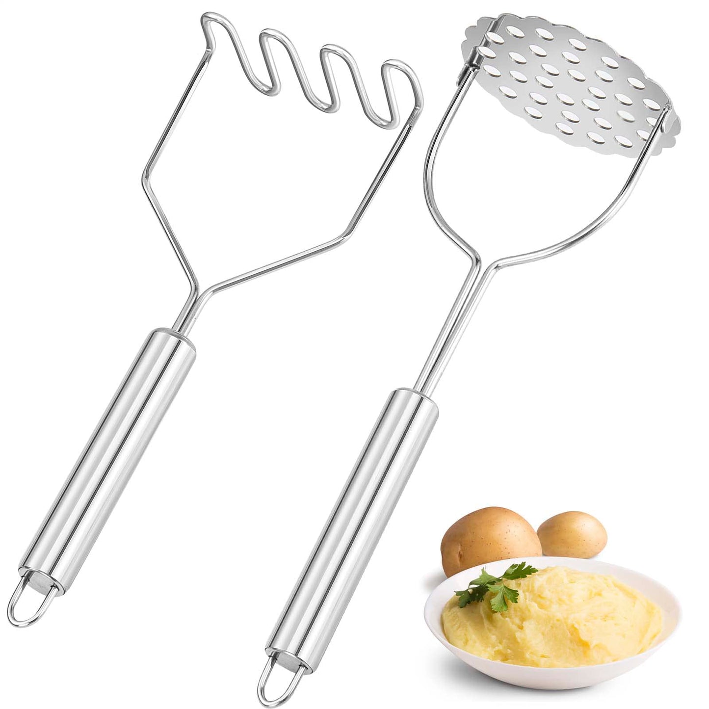 VOOVAO 2 Pcs Potato Masher for Potatoes, Heavy Duty Stainless Steel Integrated Kitchen Tool
