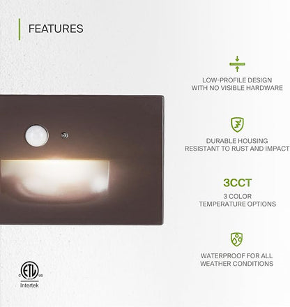 ASD LED Recessed Step Light Fixture, Dusk to Dawn Outdoor Tread Lighting | 3CCT, Motion Sensor, Photocell, Waterproof, ETL Listed | 3W 120LM 3000K-5000K 120V | Staircase Illumination | Dark Bronze