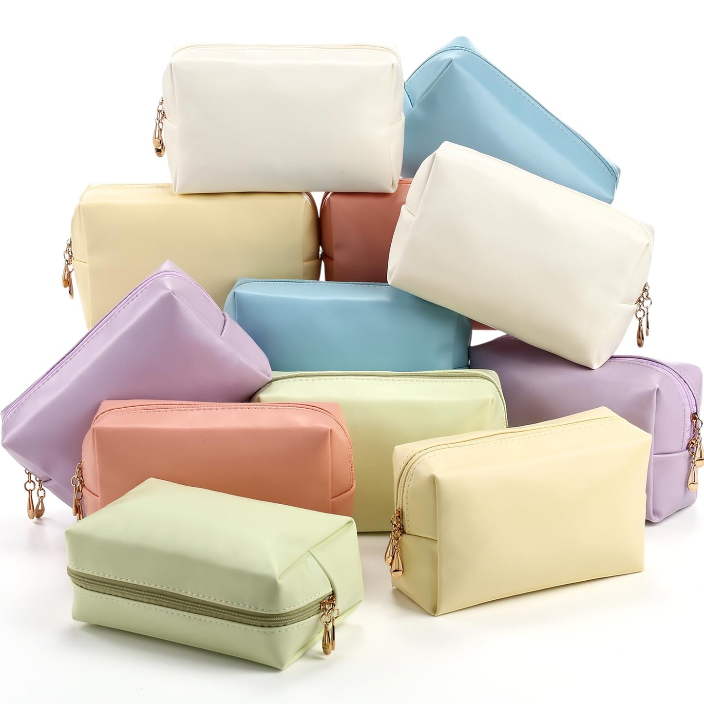 Kigeli 12 Pcs PU Leather Makeup Bag Bulk Small Macaron Preppy Cosmetic Pouch with Zipper Wedding Bridesmaid Gift Waterproof Mini Toiletry Bag for Purse, Aesthetic Travel Organizer for Girls Women