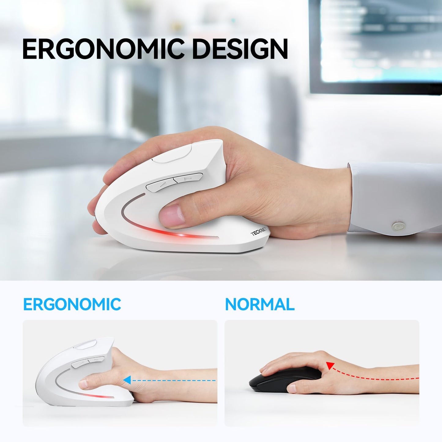 TECKNET Ergonomic Mouse, Wireless Bluetooth Vertical Mouse, 4800 DPI Optical Tracking, 6 Adjustable DPI, Quiet Clicks, 2.4GHz with USB A Receiver, 12 Months Battery, 6 Buttons, Wide Compatibility