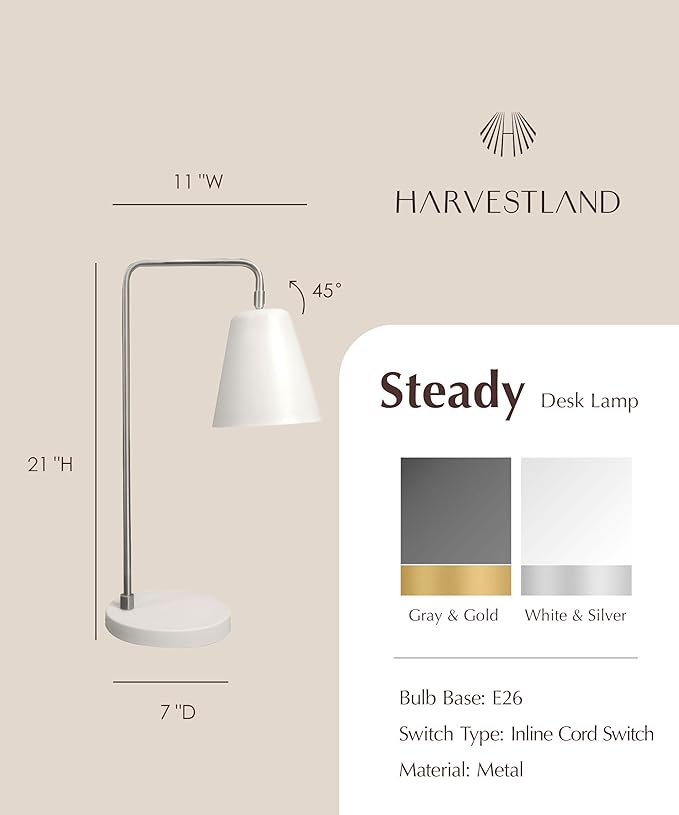 HarvestLand Steady Silver Reading Lamps for Bedside Table – Adjustable Industrial Table Lamp with Solid Base, Lamp for nightstand, Desk Lamp Home Office, Mid Century Modern Reading Lamp Style