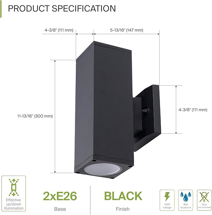 ASD 2 Light Square Outdoor Wall Light Fixture | 120W E26 Socket 120V ETL Cylinder Up Down Lights | LED/CFL/Incandescent Bulb Exterior Wall Sconce | Front Door, Porch, Patio | Black, 6 Pack