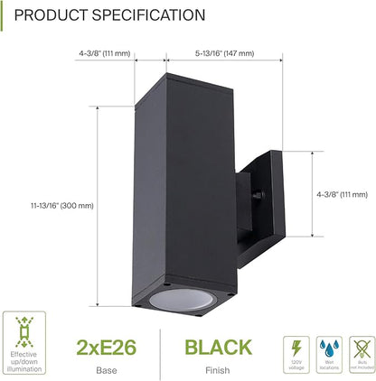 ASD 2 Light Square Outdoor Wall Light Fixture | 120W E26 Socket 120V ETL Cylinder Up Down Lights | LED/CFL/Incandescent Bulb Exterior Wall Sconce | Front Door, Porch, Patio Lighting | Black