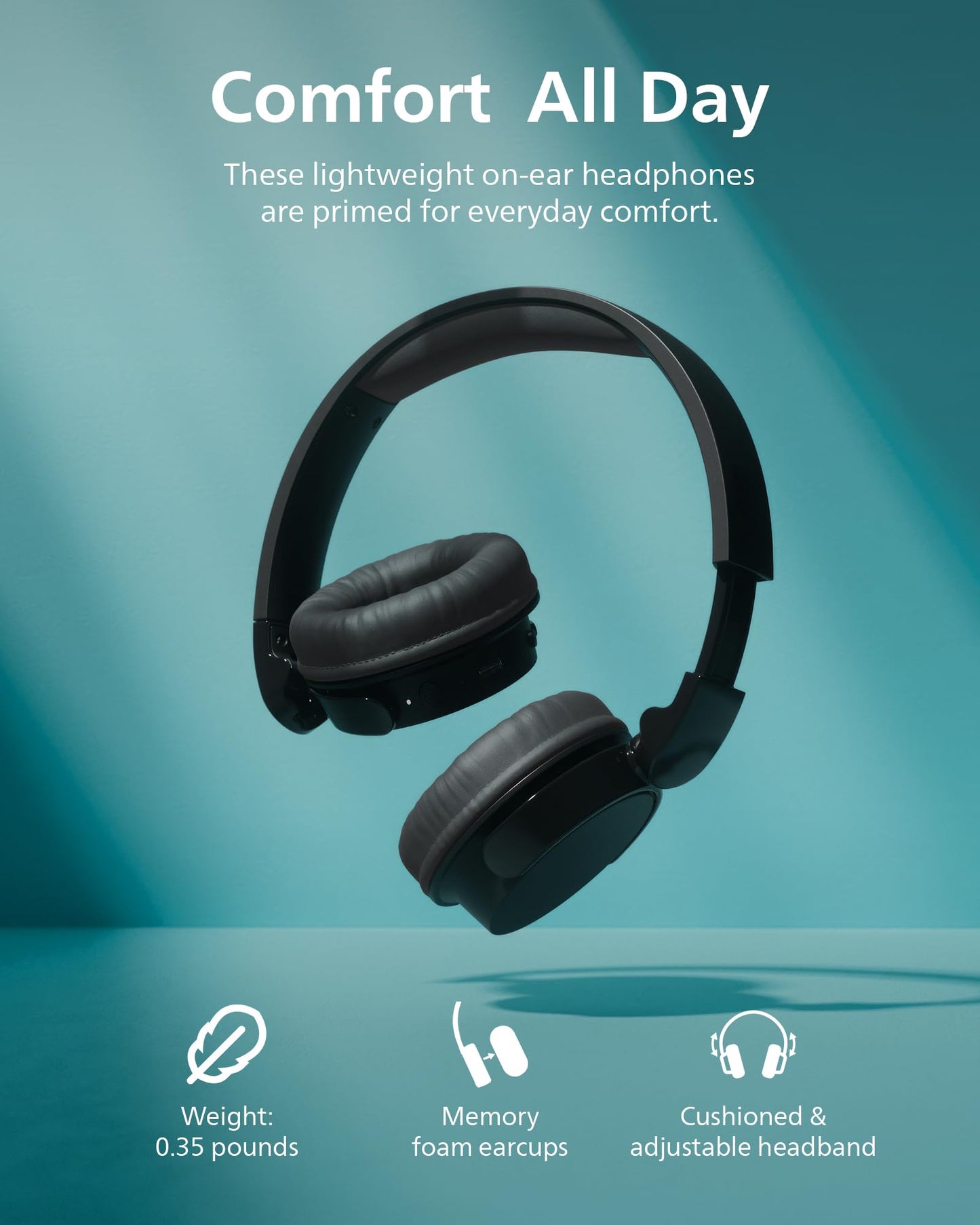 PHILIPS H3209 Wireless Headphones,On-Ear Bluetooth Headphones, Dynamic Bass, Sound Signature,Clear Call,25H Battery Life,Fast Charging,Soft Ear Cups,Bluetooth 5.3,Compact Design,Light,Dark Black