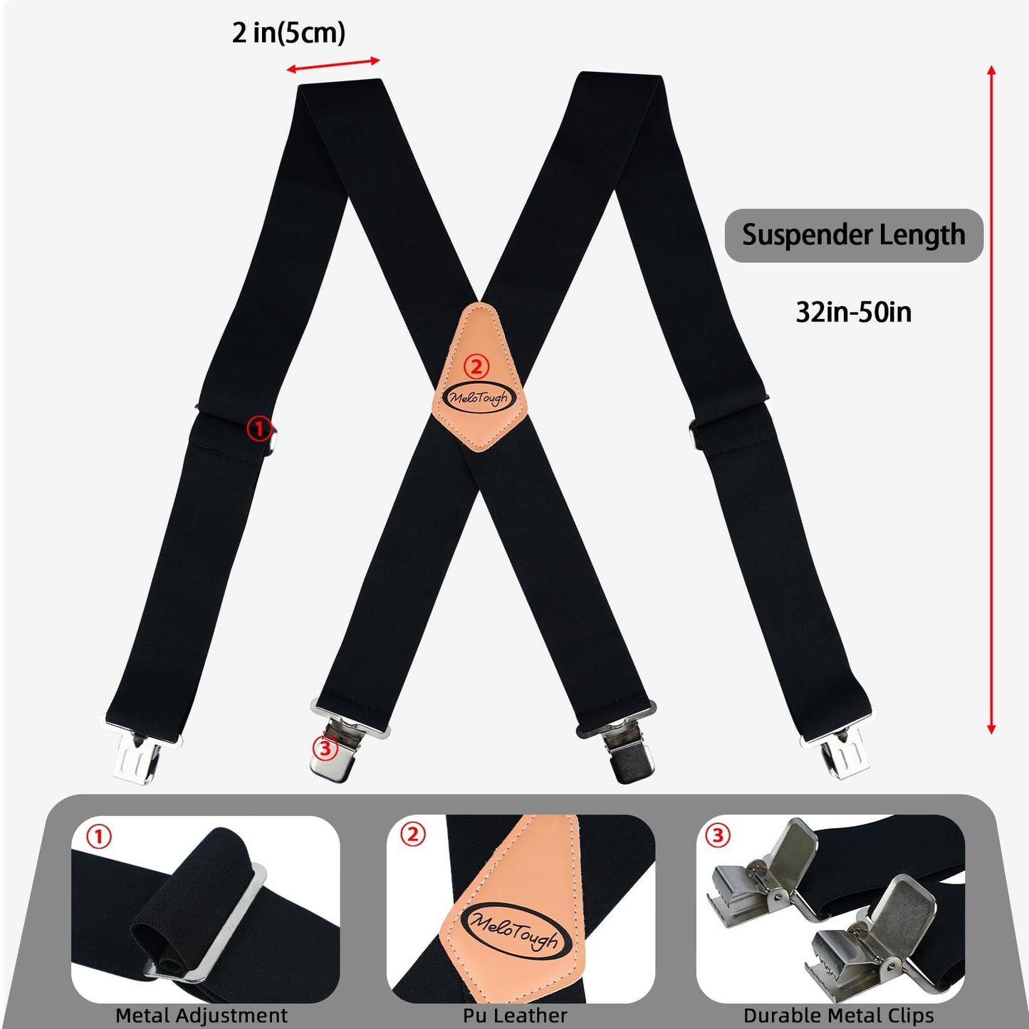 MELOTOUGH Suspenders for Men Heavy Duty Men's Suspenders w/Clip Big and Tall Work suspenders Mens Suspenders for Jeans (Black)