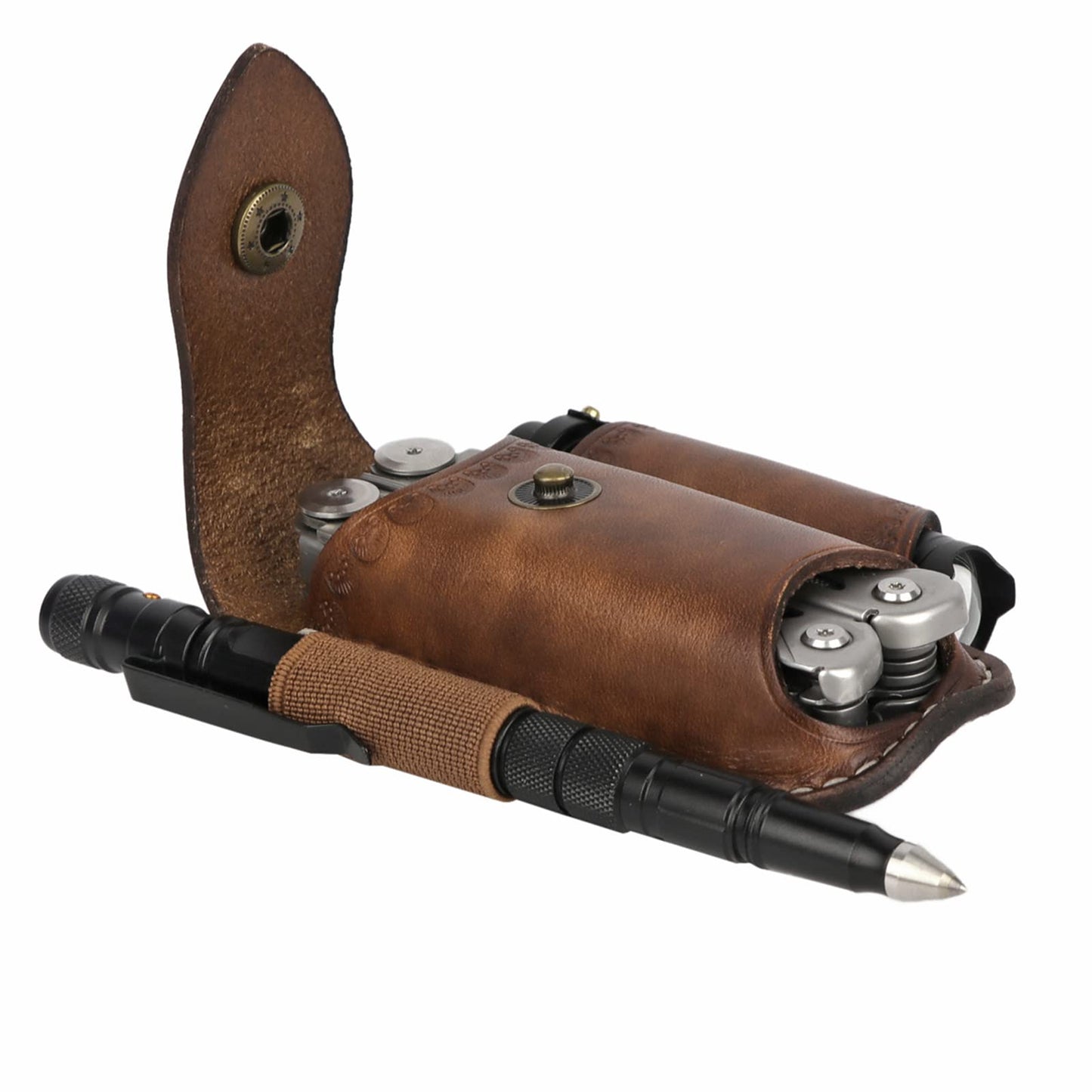 Leather EDC Belt Organizer - Handmade Multitool Sheath for Men, Tactical EDC Pouch with Flashlight Holder, Pen Holder & Belt Clip - Gifts for Men, Fits Folding Knife & Tools (Brown)