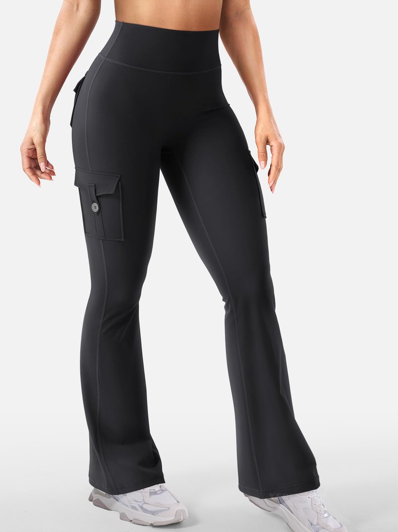 YEOREO CoreFlex Women Workout Flare Leggings with Pockets Hidden Scrunch High Waisted Cargo Gym Yoga No Front Seam Leggings Black XXL