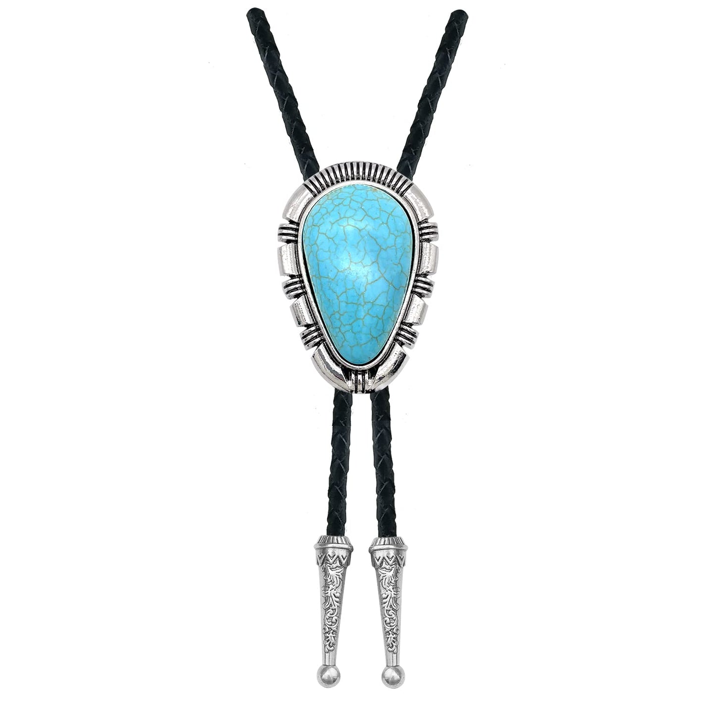 YOQUCOL Droplet Shape Blue Turquoise Stone Bolo Tie Native Western Cowboy Bola Tie Hand-woven Leather Necktie for Men Women