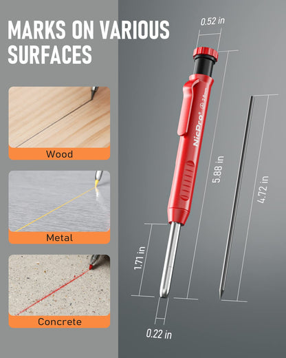 Nicpro Carpenter Pencil with Sharpener, Mechanical Pencils Set with 26 Refills, Deep Hole Marker for Construction, Heavy Duty Woodworking Tools for Architect (Black, Red) - With Case